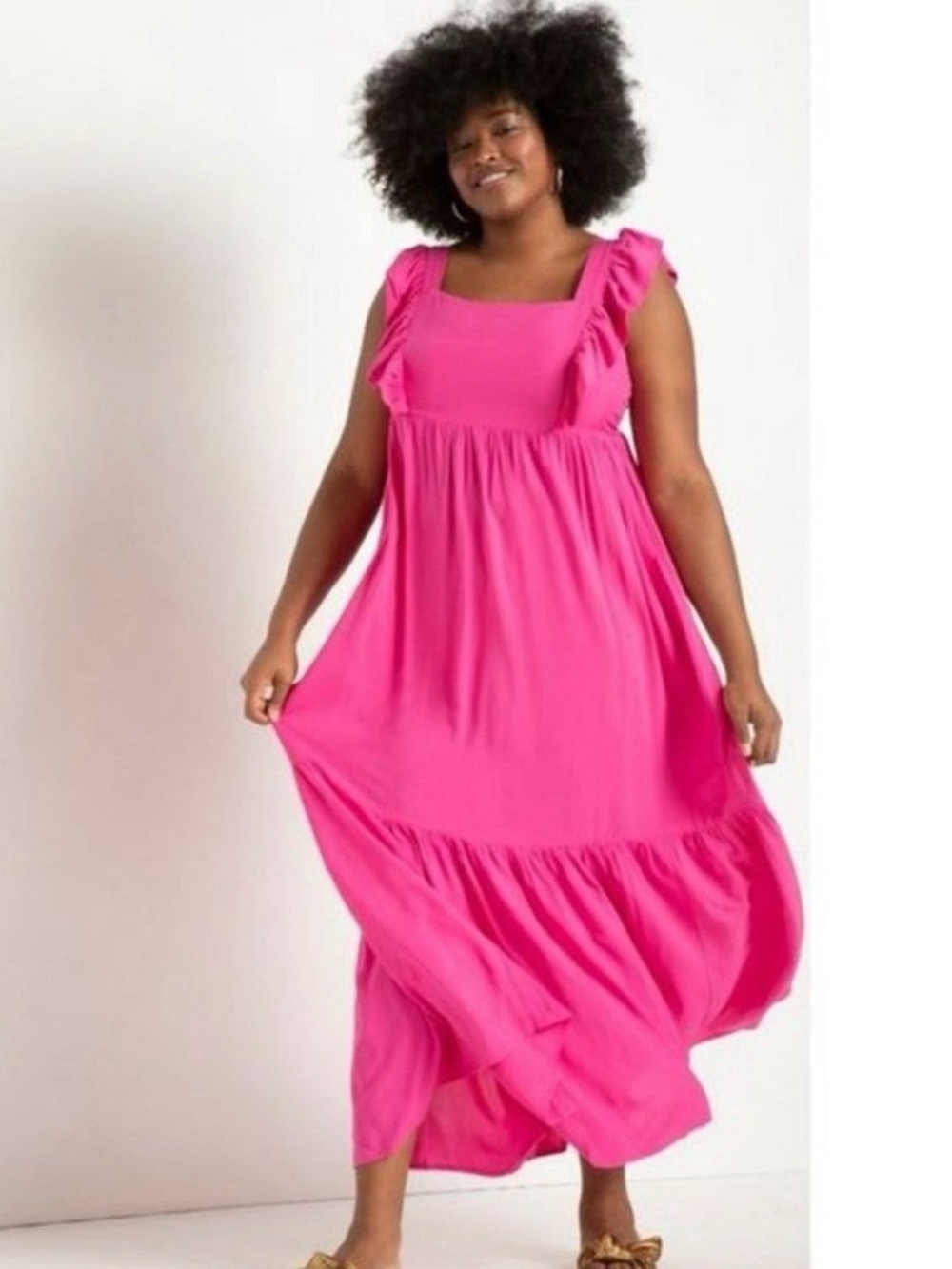 Bright Pink Ruffle-Sleeve Maxi Dress Bow Back
